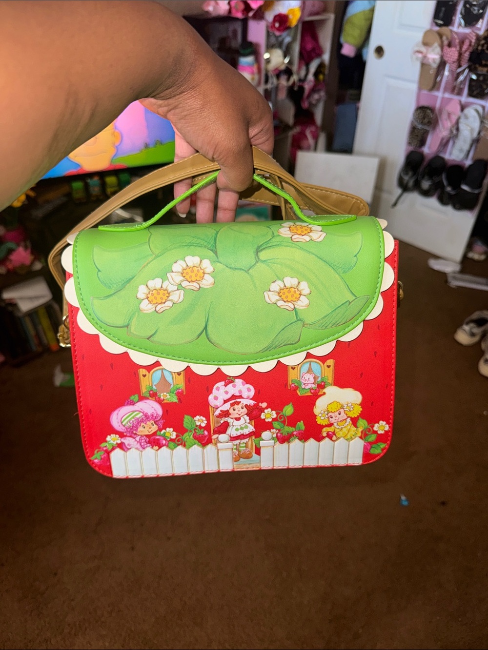 Strawberry Shortcake Patch Floral Illustration Top-Handle Bag - Red & Green